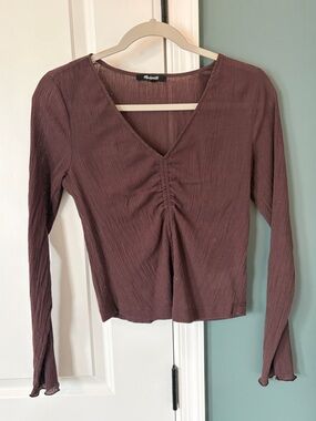 Madewell Mauve Ribbed V-Neck Long Sleeve Top